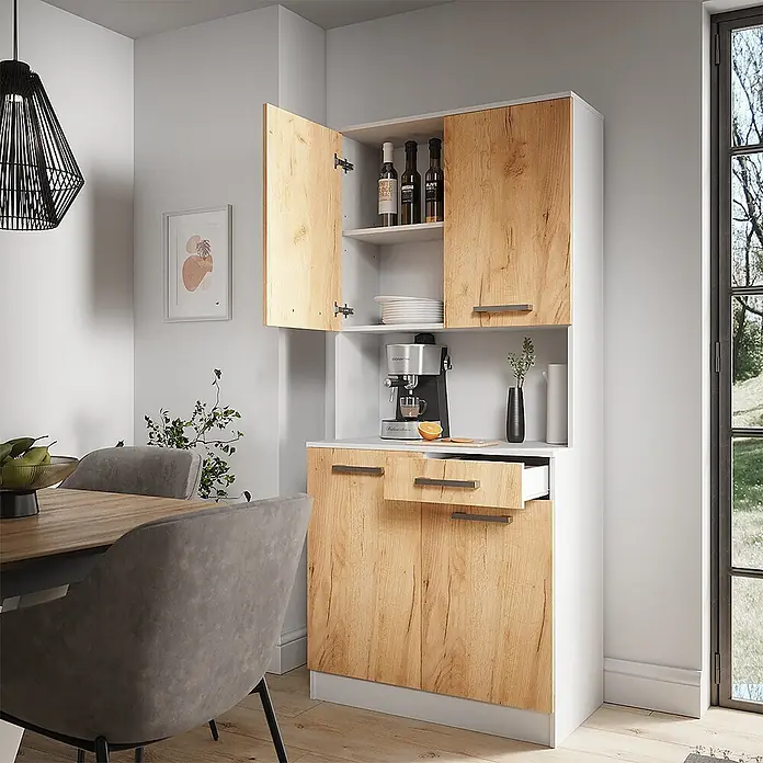 Vicco Schrankküche Raul Weiß/Goldkraft Eiche mit 4 Türen & 1 Schublade - Goldkraft Eiche, Buffetschrank - Holz-weißer Küchenschrank mit offenem und geschlossenem Stauraum, Kaffeestation und Schubladen, im Esszimmer.
