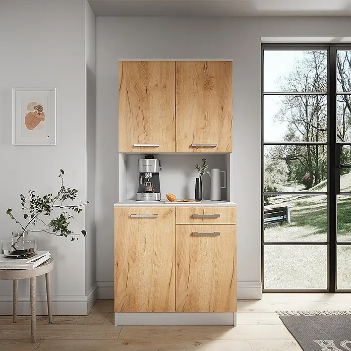 Vicco Schrankküche Raul Weiß/Goldkraft Eiche mit 4 Türen & 1 Schublade - Goldkraft Eiche, Buffetschrank - Küchenschrank-Set in Eichenholzoptik mit weißer Arbeitsplatte und grauen Griffen als Kaffeestation.