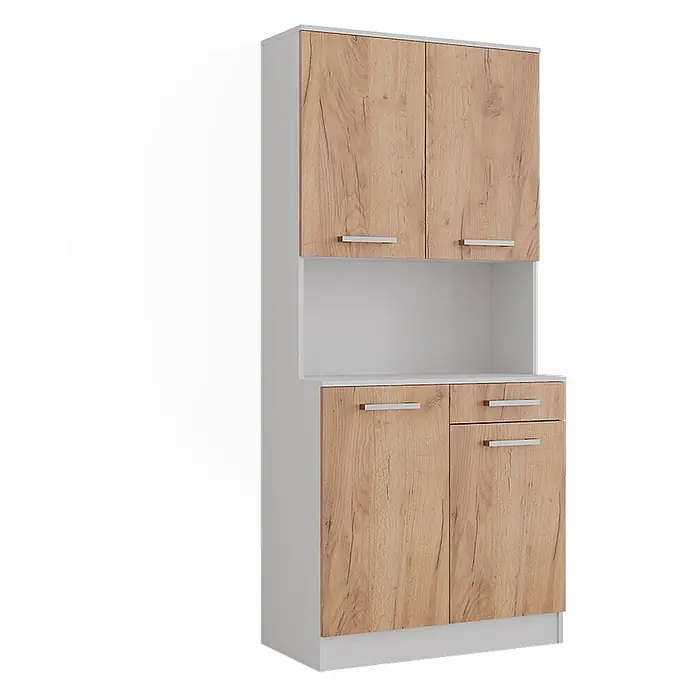 Vicco Schrankküche Raul Weiß/Goldkraft Eiche mit 4 Türen & 1 Schublade - Goldkraft Eiche, Buffetschrank - Hoher Schrank mit weißem Rahmen, hellen Holzoptik-Türen und Schubladen, silbernen Griffen. Offenes Regal in der Mitte.