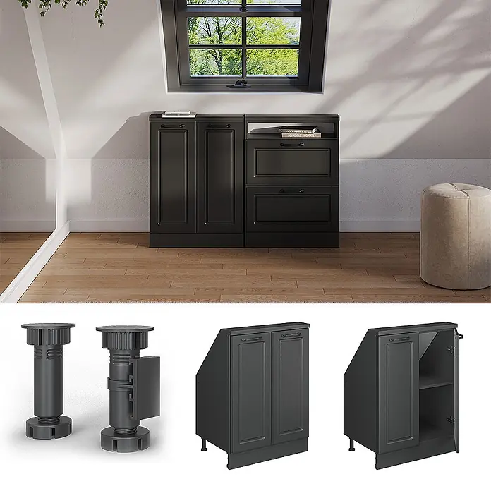 Vicco Schrankküche R-Line Anthrazit Landhaus mit 2 Türen - Anthrazit Landhaus, Dachschrägenschrank 60cm - Dunkelgraue/schwarze Dachschrägenschränke mit verstellbaren Füßen, unter einer Dachschräge installiert und mit Innenansichten gezeigt.