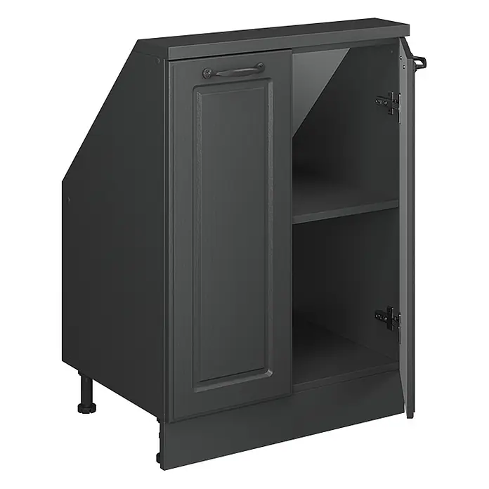 Vicco Schrankküche R-Line Anthrazit Landhaus mit 2 Türen - Anthrazit Landhaus, Dachschrägenschrank 60cm - Dunkelgrauer Eckunterschrank mit teilweise geöffneter Tür, zwei Ablagen und verstellbaren Füßen.