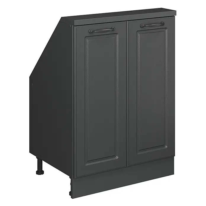 Vicco Schrankküche R-Line Anthrazit Landhaus mit 2 Türen - Anthrazit Landhaus, Dachschrägenschrank 60cm - Dunkelgrauer Eckunterschrank mit zwei Kassettentüren, dunklen Griffen, Sockelleiste und verstellbaren Füßen.
