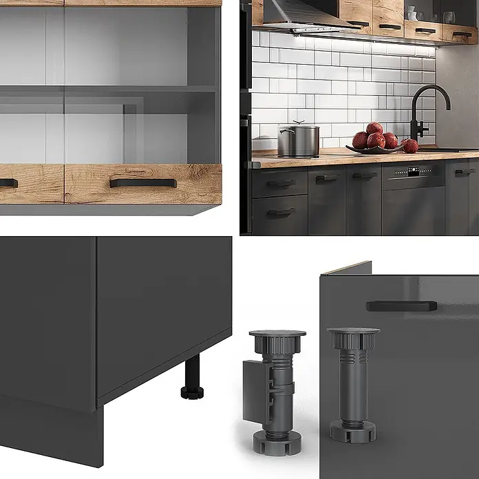 Vicco Küchenzeile R-Line Weiß/Goldkraft Eiche zweifarbige Schränke, AP Eiche - Anthrazit, Ohne Elektrogeräte - Modulare dunkelgraue Küchenschränke mit hellem Holzdekor und schwarzen Griffen. Inklusive Unter-, Oberschränke und verstellbare Möbelfüße.