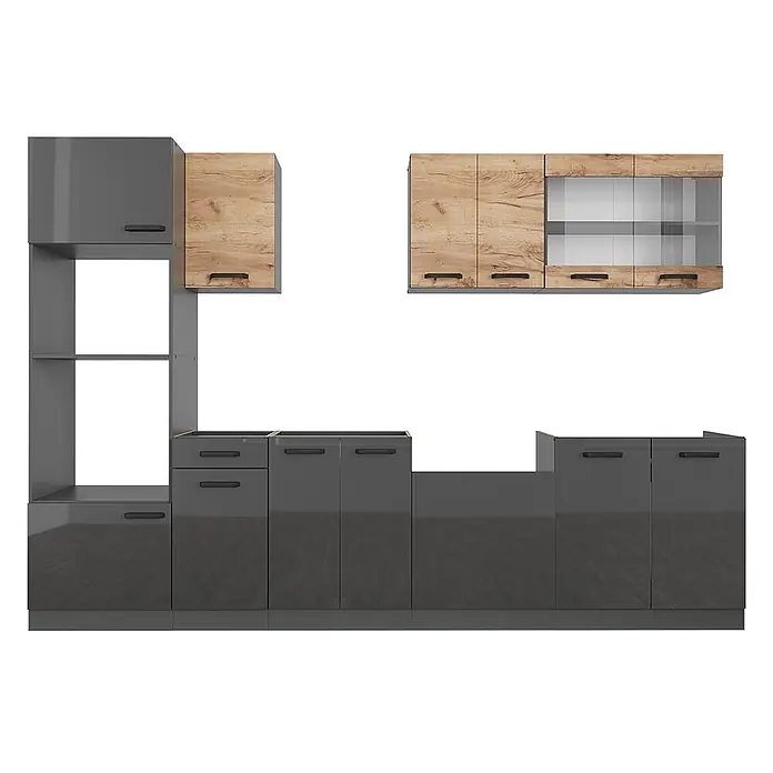 Vicco Küchenzeile R-Line Weiß/Goldkraft Eiche zweifarbige Schränke, AP Eiche - Anthrazit, Ohne Elektrogeräte - Modulare Küchenschrank-Set in Hochglanz-Dunkelgrau und heller Holzoptik, mit Hängeschränken (teilweise Glasfront) und Unterschränken.