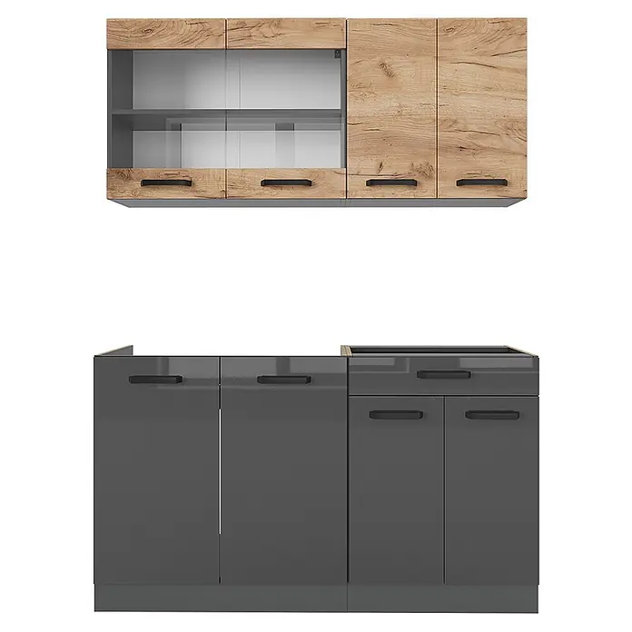 Vicco Singleküche R-Line Anthrazit/Goldkraft Eiche zweifarbige Schränke, AP Eiche - Anthrazit, Mit AP Eiche - Zweifarbige Küchenschränke: obere in heller Holzoptik und Glas, untere in glänzendem Dunkelgrau.