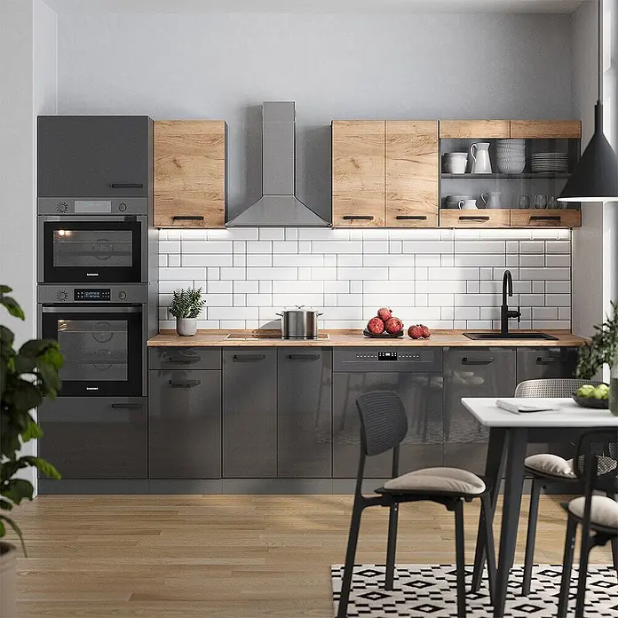 Vicco Küchenzeile R-Line Weiß/Goldkraft Eiche zweifarbige Schränke, AP Eiche - Anthrazit, Ohne Elektrogeräte - Moderne Küche mit dunkelgrauen Hochglanz-Unterschränken, hellen Holz-Oberschränken und Holzarbeitsplatte, inklusive integrierter Öfen und Spülmaschine.
