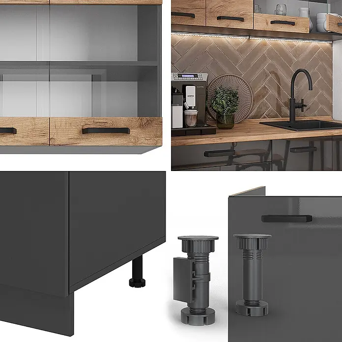 Vicco Singleküche R-Line Anthrazit/Goldkraft Eiche zweifarbige Schränke, AP Eiche - Anthrazit, Mit AP Eiche - Küchenschränke und verstellbare Füße in modernem Grau- und Holzdesign.