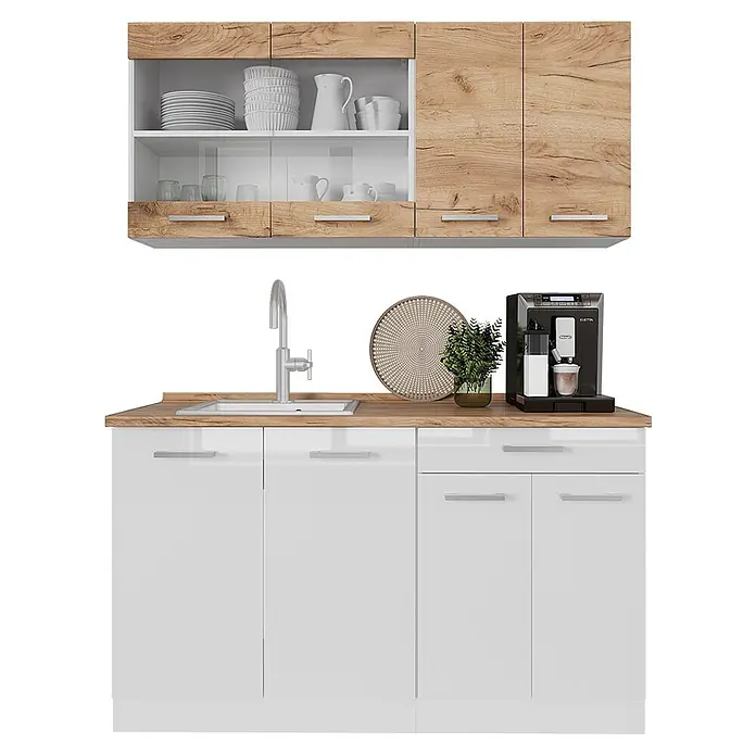 Vicco Singleküche R-Line Weiß/Goldkraft Eiche zweifarbige Schränke, AP Eiche - Weiß, Mit AP Eiche - Weiße Küchenzeile mit heller Holzoptik-Arbeitsplatte und gemischten weiß/Holzoptik-Hängeschränken inklusive offener Regale.