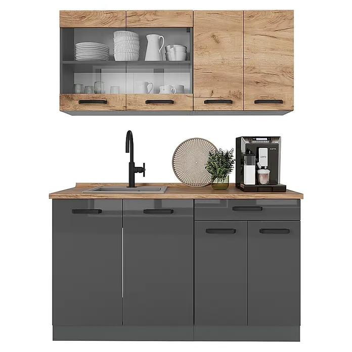 Vicco Singleküche R-Line Anthrazit/Goldkraft Eiche zweifarbige Schränke, AP Eiche - Anthrazit, Mit AP Eiche - Moderne Küchenzeile mit oberen Schränken in Holzoptik und Glaseinsätzen, sowie glänzend grauen Unterschränken mit schwarzen Griffen. Mit Spüle und Kaffeemaschine.