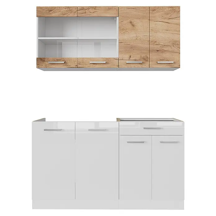 Vicco Singleküche R-Line Weiß/Goldkraft Eiche zweifarbige Schränke, AP Eiche - Weiß, Mit AP Eiche - Zweiteilige Küchenschrank-Garnitur: obere Schränke in Eichenoptik, untere Schränke mit weißen Hochglanzfronten und Schubladen.