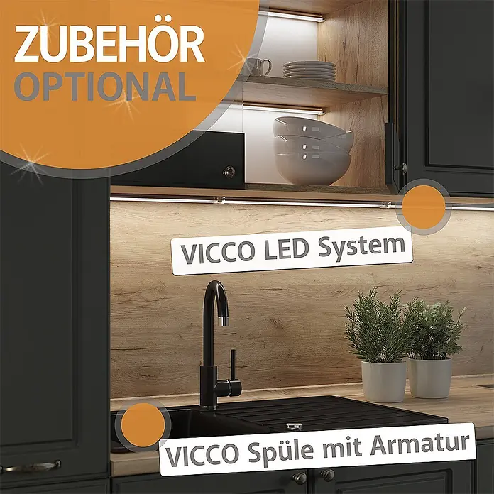 Vicco Singleküche R-Line Anthrazit/Goldkraft Eiche zweifarbige Schränke, AP Eiche - Anthrazit, Mit AP Eiche - Moderne Küche mit schwarzer Spüle, Armatur und optionaler integrierter LED-Beleuchtung unter dunklen Schränken.