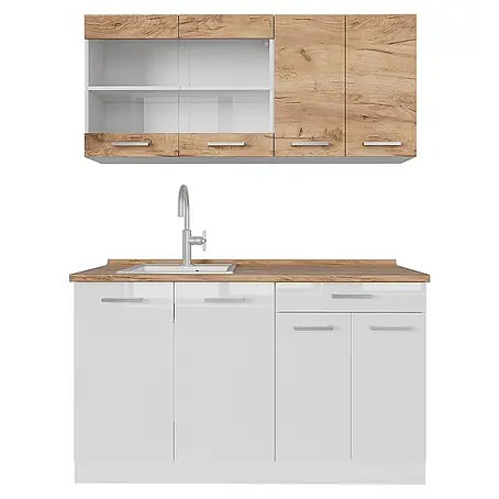 Vicco  Singleküche R-Line Weiß/Goldkraft Eiche zweifarbige Schränke, AP Eiche