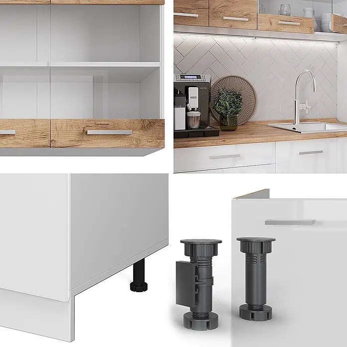 Vicco Singleküche R-Line Weiß/Goldkraft Eiche zweifarbige Schränke, AP Eiche - Weiß, Mit AP Eiche - Weiße Hochglanz-Küchenschränke mit Holz Akzenten, ausgestattet mit verstellbaren dunkelgrauen Kunststofffüßen und einer Sockelblende.