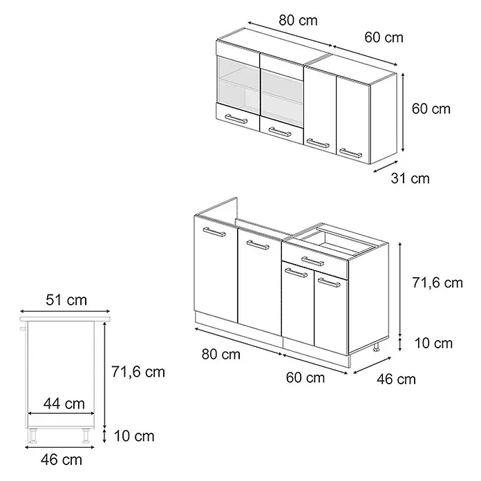 Vicco Singleküche R-Line Weiß/Goldkraft Eiche zweifarbige Schränke, AP Eiche - Weiß, Mit AP Eiche - Strichzeichnung eines modularen Küchenschranks-Sets, bestehend aus Ober- und Unterschränken mit Maßen für Breite, Höhe und Tiefe, inkl. Glastüren.