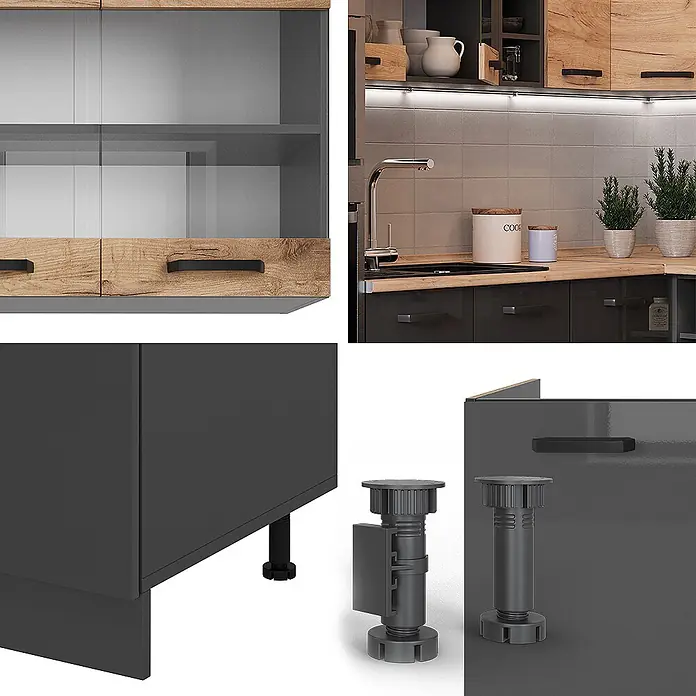Vicco Eckküche R-Line Anthrazit/Goldkraft Eiche zweifarbige Schränke, AP Eiche - Anthrazit, Ohne Elektrogeräte - Moderne Küchenschränke in Dunkelgrau und hellem Holz, mit Glastüren, schwarzen Griffen und verstellbaren Füßen.