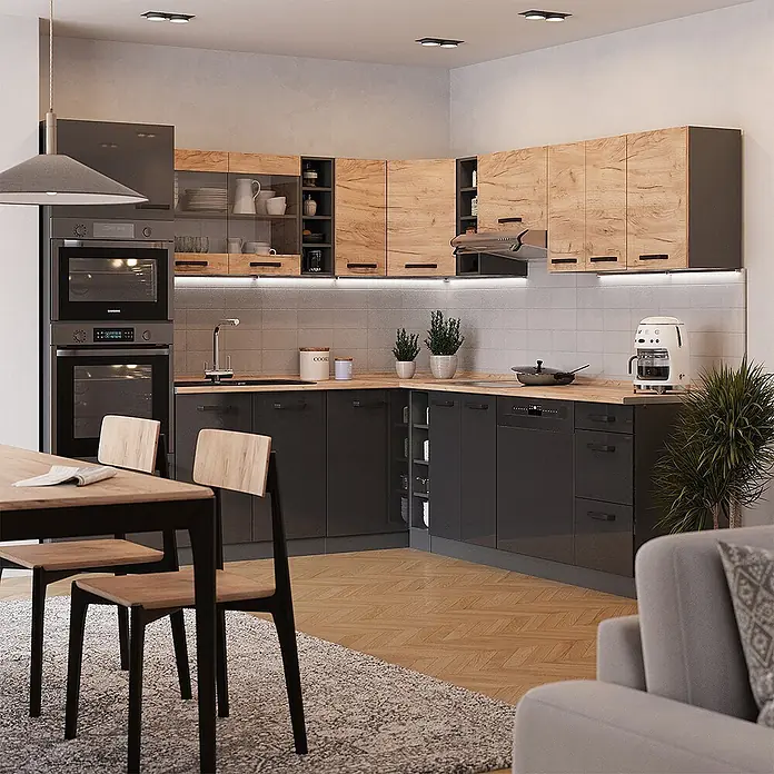 Vicco Eckküche R-Line Anthrazit/Goldkraft Eiche zweifarbige Schränke, AP Eiche - Anthrazit, Ohne Elektrogeräte - Moderne L-förmige Küche mit dunkelgrauen Unterschränken und hellen Holzmaserungs-Oberschränken in einem offenen Wohnbereich.