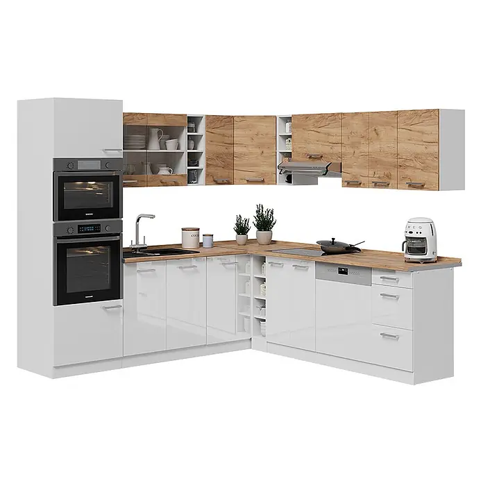 Vicco Eckküche R-Line Goldkraft Eiche/Weiß zweifarbige Schränke, AP Eiche - Weiß, Ohne Elektrogeräte - Moderne L-förmige Küche mit weißen Hochglanz-Unterschränken, Holzdekor-Oberschränken und -Arbeitsplatte sowie integrierten dunkelgrauen Geräten.
