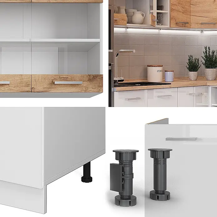 Vicco Eckküche R-Line Goldkraft Eiche/Weiß zweifarbige Schränke, AP Eiche - Weiß, Ohne Elektrogeräte - Dunkelgraue verstellbare Kunststofffüße für Küchenschränke, montiert und als Einzelteile gezeigt.