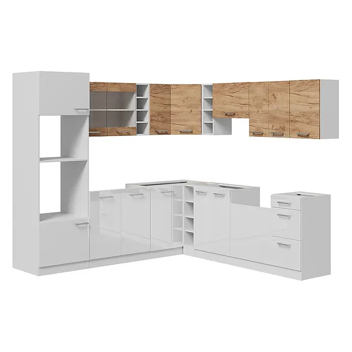 Vicco Eckküche R-Line Goldkraft Eiche/Weiß zweifarbige Schränke, AP Eiche - Weiß, Ohne Elektrogeräte - Modulare Küchenmöbel mit glänzenden weißen Unterschränken und hellen Holz- und weißen Hängeschränken.