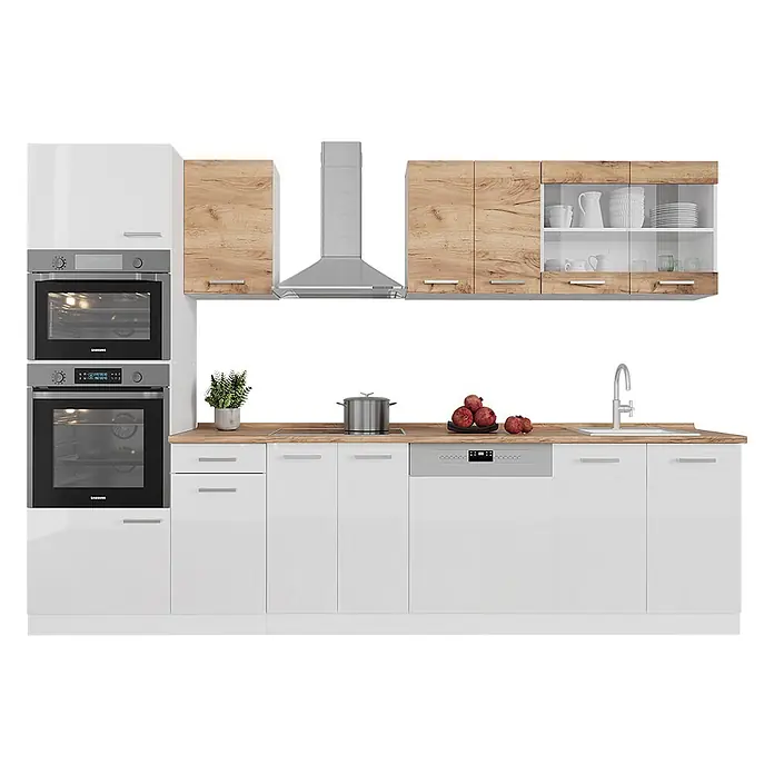 Vicco Küchenzeile R-Line Weiß/Goldkraft Eiche zweifarbige Schränke, AP Eiche - Weiß, Ohne Elektrogeräte - Moderne Küchenzeile mit weißen Hochglanzfronten, Holz-Arbeitsplatte, Einbauöfen, Kochfeld, Spüle, Geschirrspüler und Oberschränken.