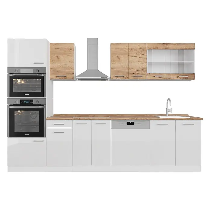 Vicco Küchenzeile R-Line Weiß/Goldkraft Eiche zweifarbige Schränke, AP Eiche - Weiß, Ohne Elektrogeräte - Moderne Küche mit weißen Hochglanzfronten, hellen Holztheken und Akzenten, integrierten Öfen, Dunstabzugshaube, Spüle und Geschirrspüler.
