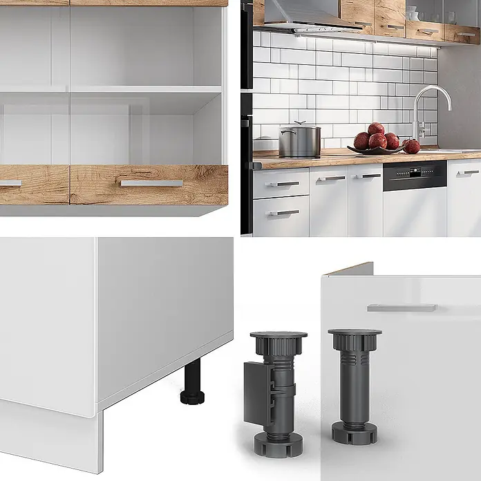 Vicco Küchenzeile R-Line Weiß/Goldkraft Eiche zweifarbige Schränke, AP Eiche - Weiß, Ohne Elektrogeräte - Weiße Küchenschränke mit Holz Akzenten und verstellbaren schwarzen Möbelfüßen.