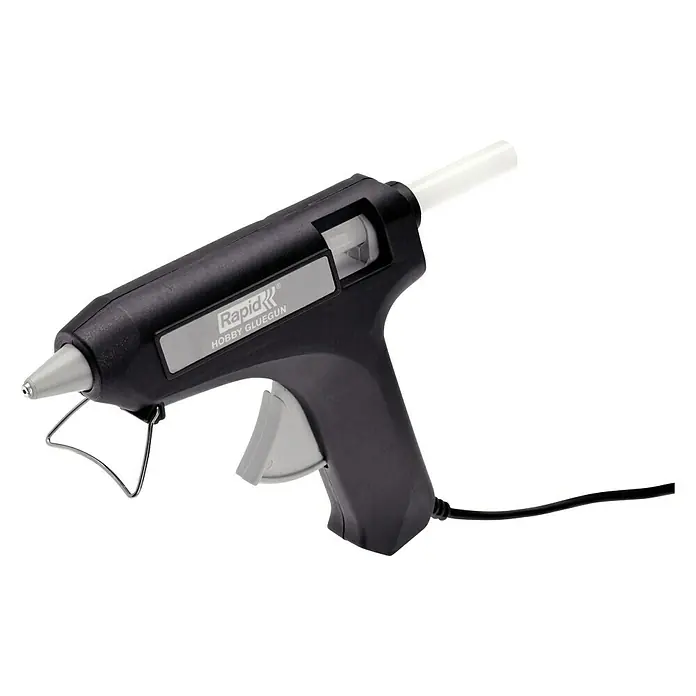 Rapid Set para pistola termoadhesiva Hobby - Diámetro cartucho de cola: 12 mm, 15 W - La imagen muestra una Rapid Hobby Gluegun, una pistola de pegamento caliente negra y gris, una herramienta para proyectos de hobby y manualidades.
