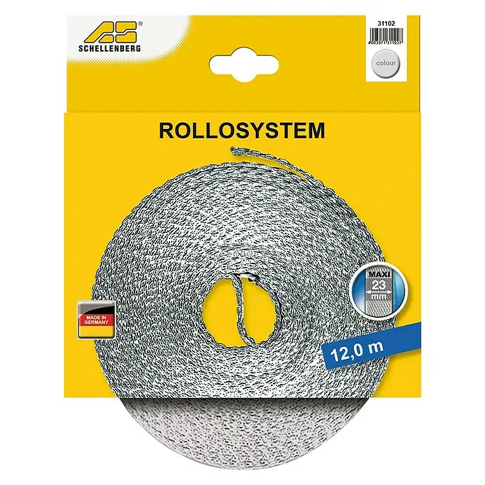 Schellenberg Cinta para persiana Mini - Gris, Largo: 12 m, Anchura de la correa: 23 mm, Nylon - Imagen de un sistema de persiana enrollable Schellenberg con una longitud de 12,0 m y un tamaño maxi de 23 mm. Fabricado en Alemania.