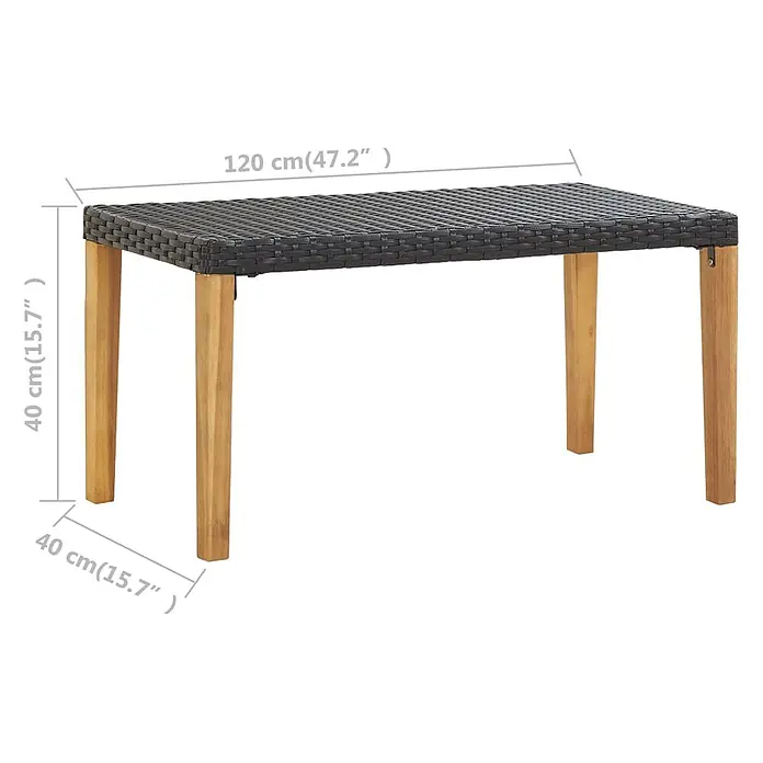 Furnicato Gartenbank PE-Rattan - B x T x H: 120 x 40 x 40 cm, Schwarz - Niedriger dunkelbrauner Polyrattan-Tisch mit natürlichen Holzbeinen.