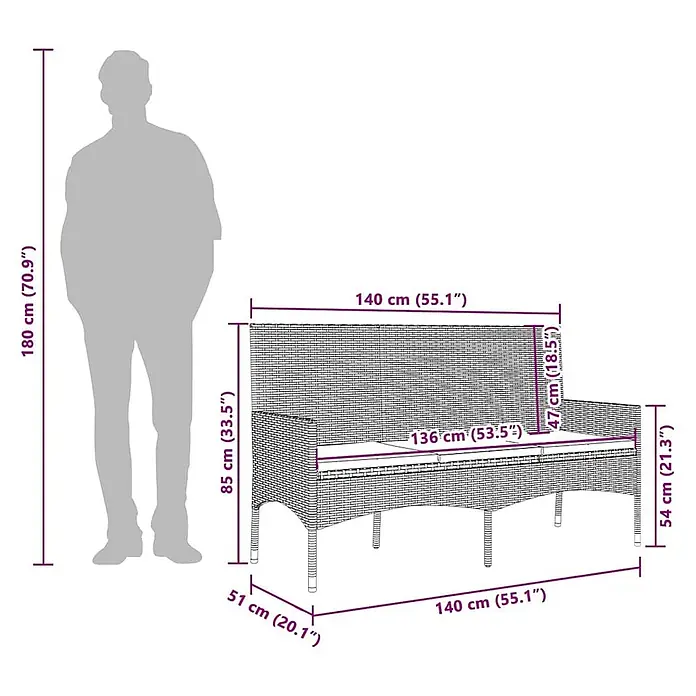 Furnicato Gartenbank - Schwarz - Zweisitzige Gartenbank aus Polyrattan mit hellen Kissen und Maßen, daneben eine menschliche Silhouette als Größenvergleich.
