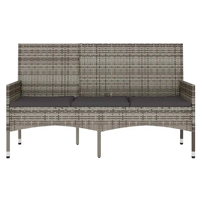 Furnicato Gartenbank PE-Rattan - B x T x H: 140 x 51 x 85 cm, Grau - Graue Outdoor-Aufbewahrungsbank aus Polyrattan mit drei dunkelgrauen Sitzkissen.
