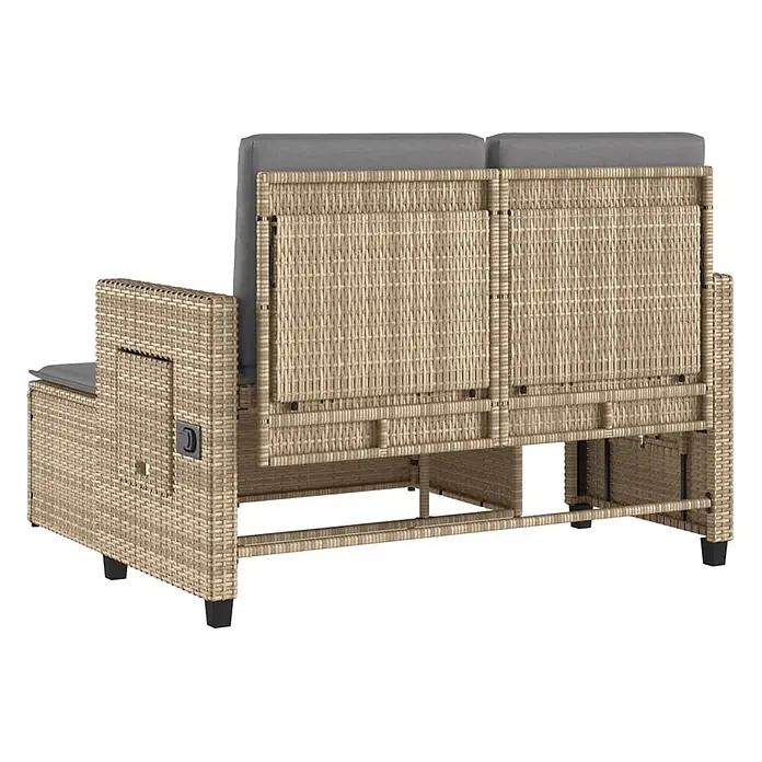 Furnicato Gartenbank PE-Rattan - B x T x H: 122 x 102 x 60 cm, Beige und Grau - Zweisitziges beiges Rattan-Gartensofa mit grauen Kissen, von hinten gesehen. Mit seitlichem Staufach.