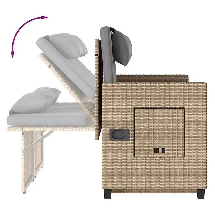 Furnicato Gartenbank - B x T x H: 122 x 102 x 60 cm, Beige und Grau - Beige Rattan-Sonnenliege mit grauen Kissen und verstellbarer Rückenlehne, zeigt die Neigungsfunktion und integrierten Stauraum.