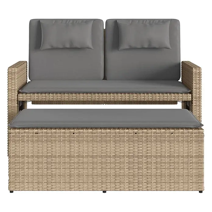 Furnicato Gartenbank PE-Rattan - B x T x H: 122 x 102 x 60 cm, Beige und Grau - Beiges Rattan 2-Sitzer Gartenset mit grauen Kissen und ausziehbarem Hocker zum Entspannen.