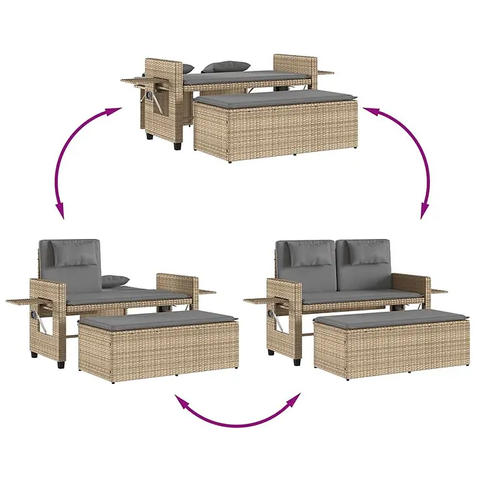 Furnicato Gartenbank PE-Rattan - B x T x H: 122 x 102 x 60 cm, Beige und Grau - Verwandlungsfähiges Outdoor-Set aus beigem Polyrattan mit grauen Kissen. Zeigt Umbau von zwei Stühlen mit Tisch und Ottomane zu einem Sofa mit Ottomane.