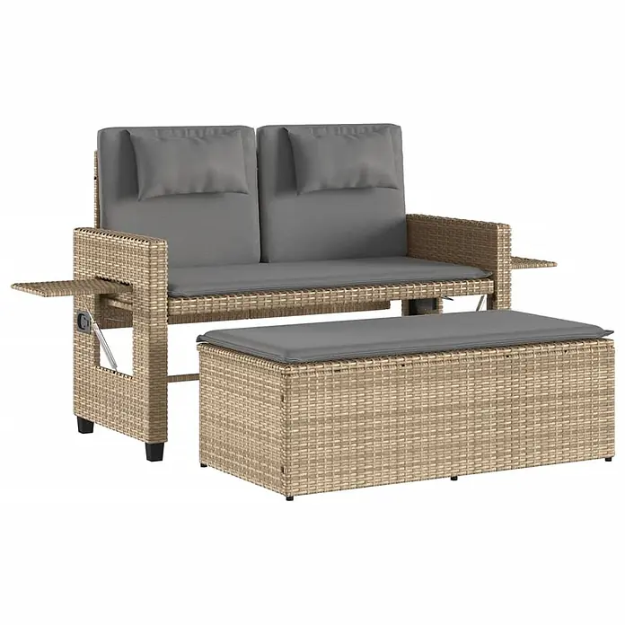 Furnicato Gartenbank PE-Rattan - B x T x H: 122 x 102 x 60 cm, Beige und Grau - Hellbraunes Rattan-Gartensitzset mit grauen Kissen, ausziehbaren Beistelltischen und passender Aufbewahrungsbank.