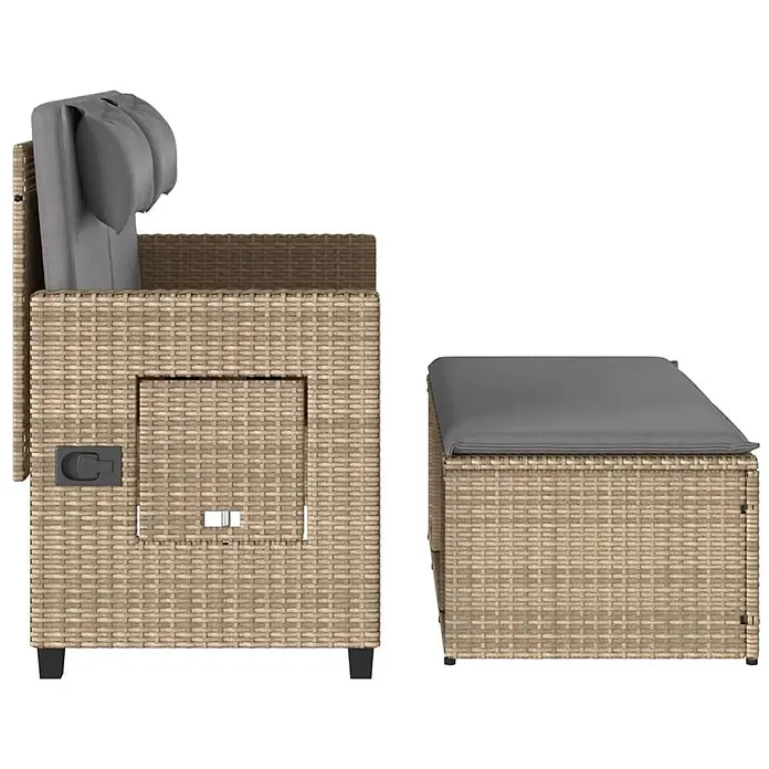 Furnicato Gartenbank PE-Rattan - B x T x H: 122 x 102 x 60 cm, Beige und Grau - Hellbrauner Rattan-Sessel mit grauen Kissen und passendem Hocker, Seitenansicht. Sessel mit Seitentür.