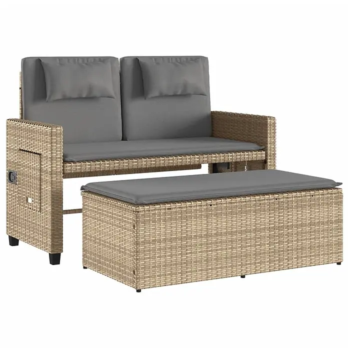 Furnicato Gartenbank PE-Rattan - B x T x H: 122 x 102 x 60 cm, Beige und Grau - Beiges Rattan-Gartenset mit Zweiersofa, grauen Kissen und passendem Hocker.