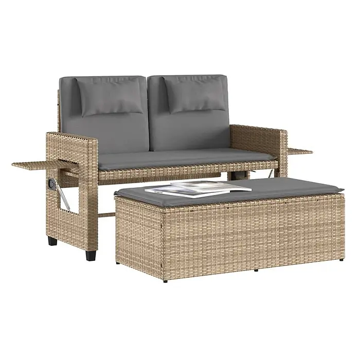 Furnicato Gartenbank PE-Rattan - B x T x H: 122 x 102 x 60 cm, Beige und Grau - Zweisitzer-Gartensofa aus hellbraunem Rattan mit grauen Kissen und ausklappbarem Beistelltisch, dazu ein passender Hocker.
