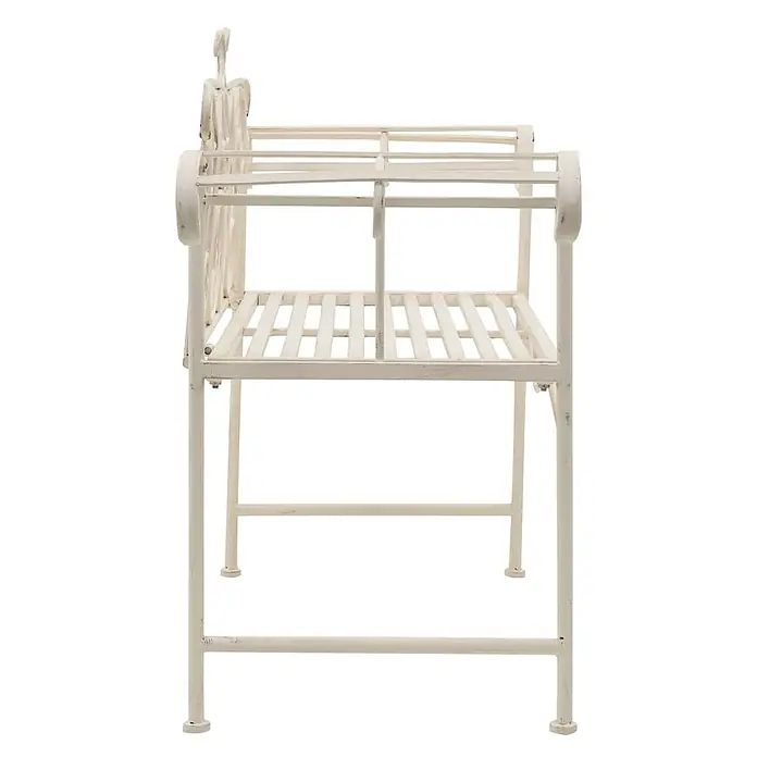 Furnicato Gartenbank Metall Antikweiß - B x T x H: 132 x 46 x 85 cm, Weiß - Seitenansicht einer cremefarbenen, patinierten Metallbank mit Lattenrostsitz und dekorativer Rückenlehne.