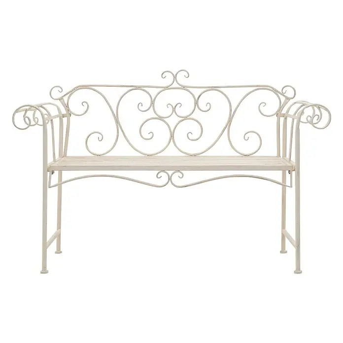 Furnicato Gartenbank Metall Antikweiß - B x T x H: 132 x 46 x 85 cm, Weiß - Creme-farbene Gartenbank aus Schmiedeeisen mit verschnörkelten Details.