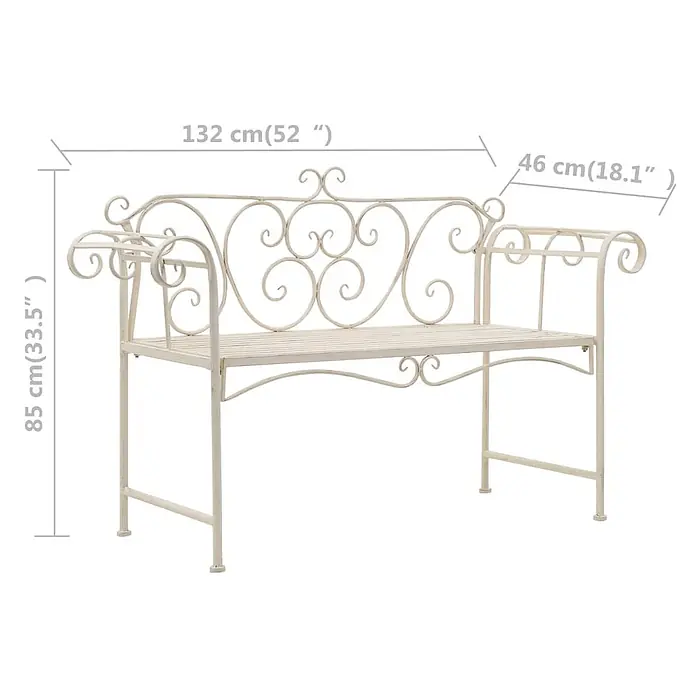 Furnicato Gartenbank Metall Antikweiß - B x T x H: 132 x 46 x 85 cm, Weiß - Cremefarbene Zier-Metallgartenbank mit Schnörkeln, Maße sichtbar.
