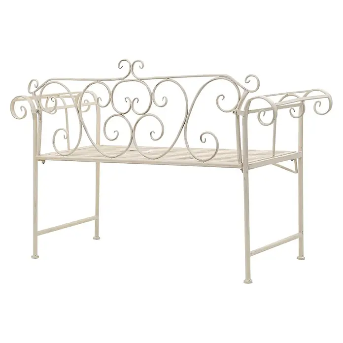 Furnicato Gartenbank Metall Antikweiß - B x T x H: 132 x 46 x 85 cm, Weiß - Cremefarbene Metallbank im Used-Look mit verschnörkelten Details, ideal für Gartendeko oder Pflanzen.