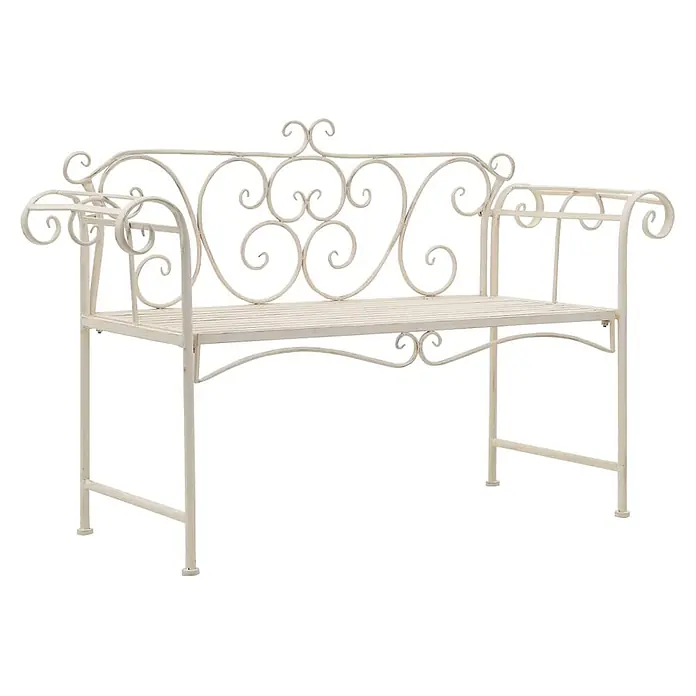 Furnicato Gartenbank Metall Antikweiß - B x T x H: 132 x 46 x 85 cm, Weiß - Verschnörkelte cremefarbene Gartenbank aus Schmiedeeisen mit geschwungener Rückenlehne und Armlehnen.