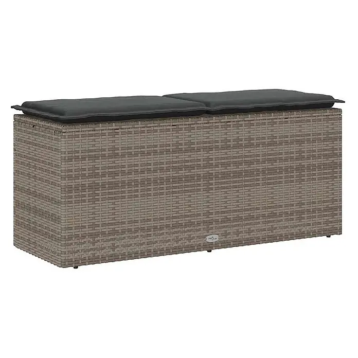 Furnicato Gartenbank PE-Rattan - B x T x H: 110 x 40 x 44 cm, Grau - Gartenaufbewahrungsbank in Rattanoptik mit zwei dunkelgrauen Sitzkissen.