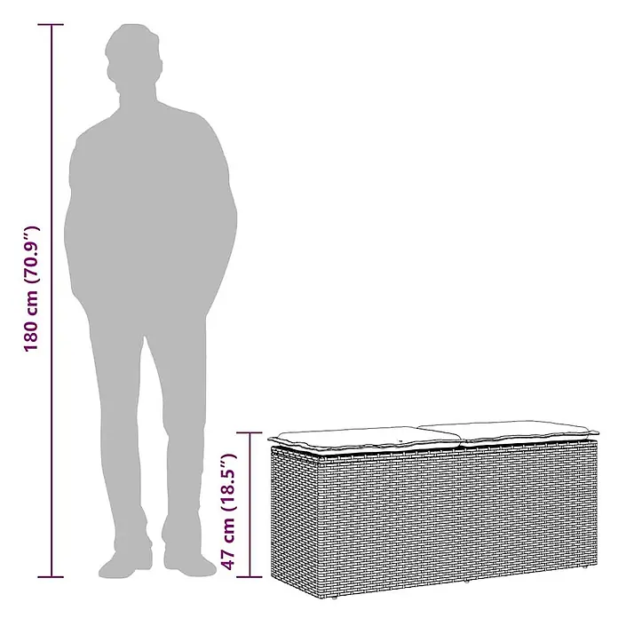 Furnicato Gartenbank PE-Rattan - B x T x H: 110 x 40 x 44 cm, Grau - 47 cm (18,5") hohe Rattan-Aufbewahrungsbank mit Kissen, zum Größenvergleich neben einer 180 cm (70,9") großen Person.