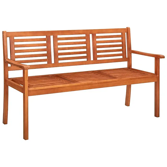 Furnicato Gartenbank Eukalyptusholz geölt - B x T x H: 150 x 60 x 89 cm, Knallgrün - Eine dreisitzige braune Gartenbank aus Holzlatten mit Armlehnen.