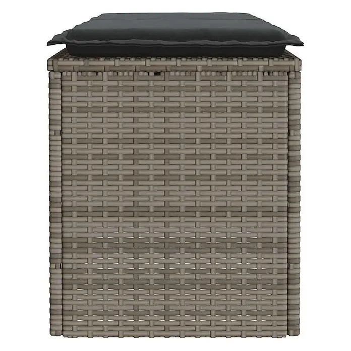 Furnicato Gartenbank PE-Rattan - B x T x H: 110 x 40 x 44 cm, Grau - Graue geflochtene Aufbewahrungsbox mit einem dunkelgrauen Kissen.