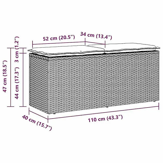 Furnicato Gartenbank PE-Rattan - B x T x H: 110 x 40 x 44 cm, Braun - Rechteckige Polyrattan-Aufbewahrungsbank mit zwei weißen Kissen.