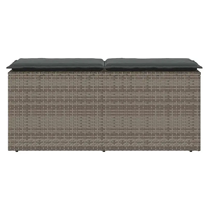 Furnicato Gartenbank PE-Rattan - B x T x H: 110 x 40 x 44 cm, Grau - Rattangeflecht-Sitzbank mit Stauraum und zwei grauen Kissen.